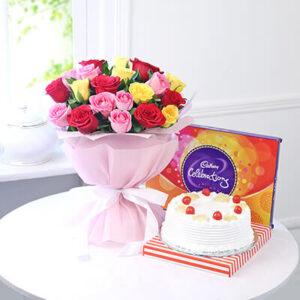 Bunch of 20 mix roses with half kg pineapple cake and celebrations