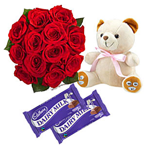 Red Roses and Teddy Bear With Chocolate