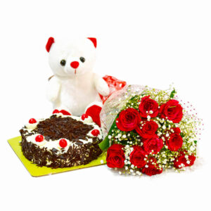 Bunchof 10 red roses with half kg black forest cake and teddy bear